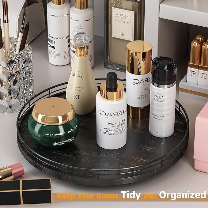 13" Oak Bathroom Vanity Tray Turntable for Perfume Candle, Round Wooden Decorative Tray for Kitchen Sink Countertop Organizer, Bathroom Counter Organizer for Skincare Makeup, Farmhouse Black Gold-HomvellaHome