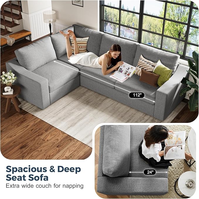 112" Convertible Sectional Sofa, Large L Shaped Couch with Detachable Sofa Cover, Modular Couch for Living Room, Breathable Linen Fabric Corner Sofa for Apartment, Grey-HomvellaHome