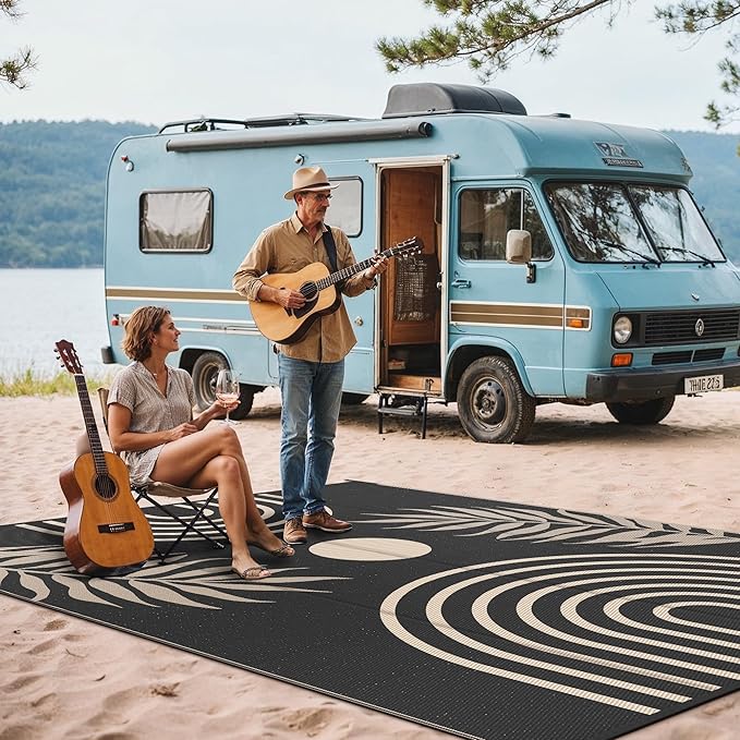 GENIMO Outdoor Rug 8' x 10' Waterproof for Patio Clearance, Reversible Lightweight Plastic Straw Camping Carpet, Large Area Rugs Mats for Rv, Backyard, Deck, Porch, Picnic, Balcony, Mix-Black & Beige-HomvellaHome