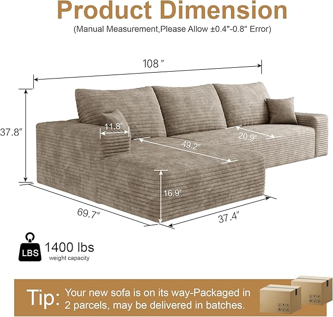 108" Sectional Couches for Living Room Modern Modular Sofa with L-Shape Couchs Upholstered Boneless Couch Deep Seat Sectional Couch with Chaise (Camel, Left Facing Chaise+2Seaters)-HomvellaHome