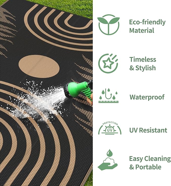 GENIMO Outdoor Rug 8' x 10' Waterproof for Patio Clearance, Reversible Lightweight Plastic Straw Camping Carpet, Large Area Rugs Mats for Rv, Backyard, Deck, Porch, Picnic, Balcony, Mix-Black & Brown-HomvellaHome