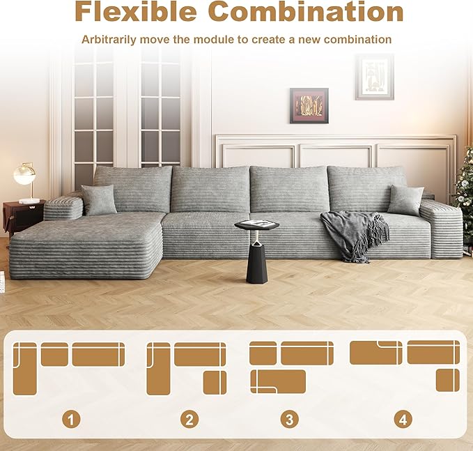 136" Sectional Couches for Living Room Modern Modular Sofa with L-Shape Couchs Upholstered Boneless Couch Deep Seat Sectional Couch with Chaise (Grey, Left Facing Chaise+3Seaters)-HomvellaHome