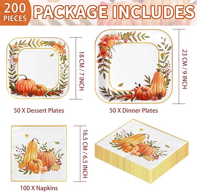 Grencian 200Pcs Fall Plates and Napkins Thanksgiving Plates Pumpkin Flower Wreath Plate Disposable Pumpkin Tableware Fall Party Supplies for Autumn Harvest Thanksgiving Party Decorations, Serves 50-HomvellaHome