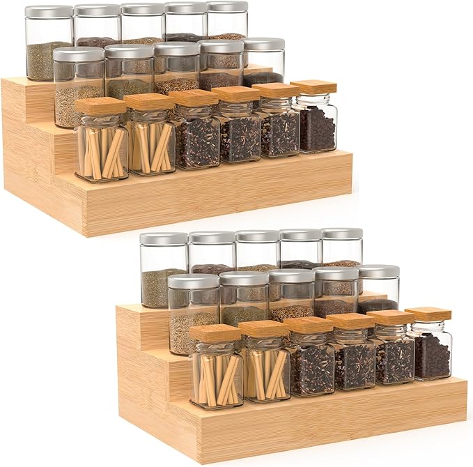 2 Pack Bamboo Spice Rack Organizer for Countertop, 3 Tier Spice Step Shelf for Cabinet (Jars Not Included)-HomvellaHome