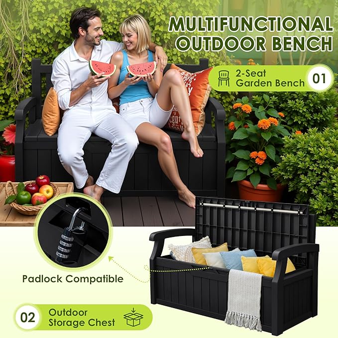Greesum 80 Gallon Outdoor Storage Bench, Resin Patio Furniture with Armrest,Waterproof and UV-Resistant, Perfect to Garden, Poolside and Lawn, Dark Black-HomvellaHome
