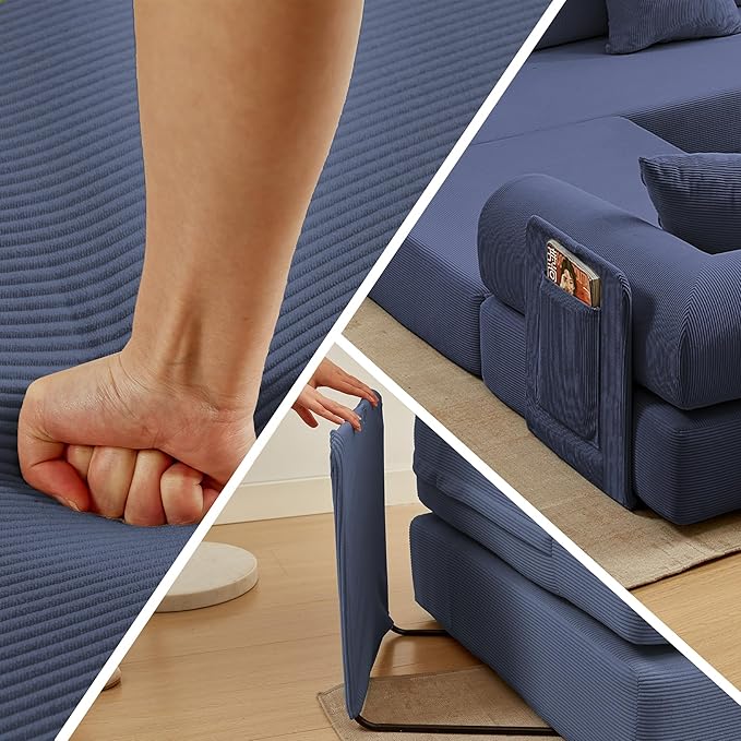 107" Oversized Convertible Sleeper Sofa Bed, Corduroy L Shape Sectional Couch, Folding Sofa Bed with Side Pocket, Modern Cloud Floor Mattress Couch,Modular Sofa for Living Room,Dark Blue-HomvellaHome