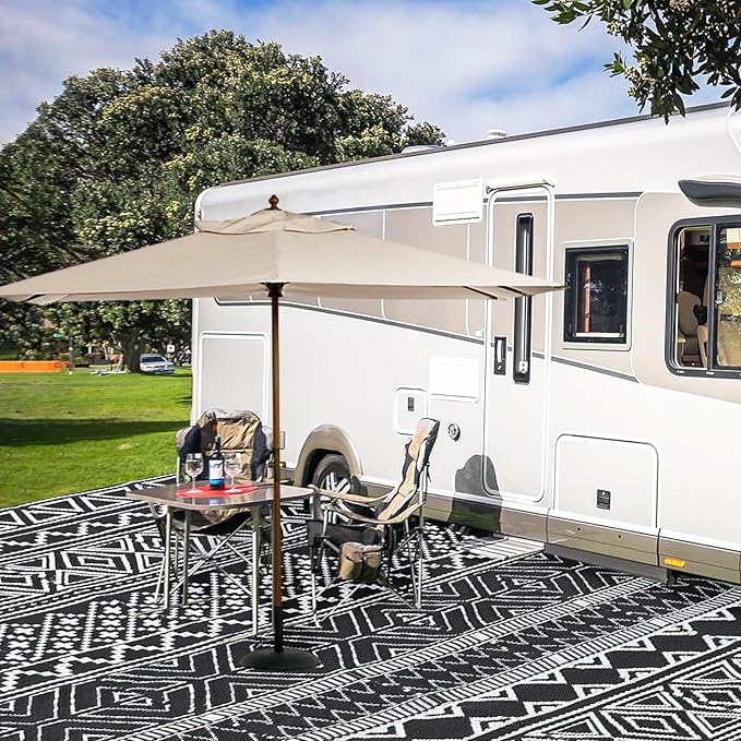 GAOMON Outdoor Rugs Patio Camping Waterproof Rug 6'x9' Plastic Straw Patio Rug Portable for Campers, Outside RVs Mat for Patios Clearance, Backyard Porch, Balcony, Black/White(Bohemia)-HomvellaHome