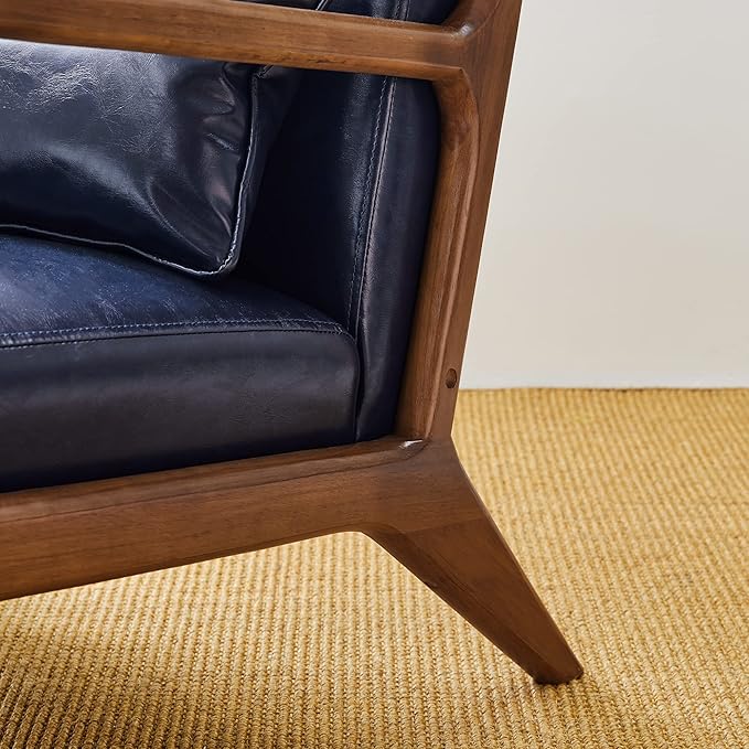 Glitzhome 2 Set Mid Century Navy Blue Accent Armchair, Single Reading Armchair PU Leather Lounge Chair with Walnut Ruberwood Frame-HomvellaHome