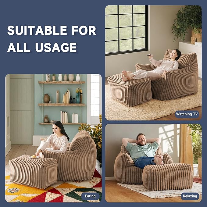 Giant Bean Bag Chairs for Adults, Oversized Chaise Lounge Chair Indoor with Memory Foam - Plush Boneless Lounger & Ottoman for Bedroom, Living Room, Gaming & Reading, Lazy Floor Sofa Chair, Khaki-HomvellaHome