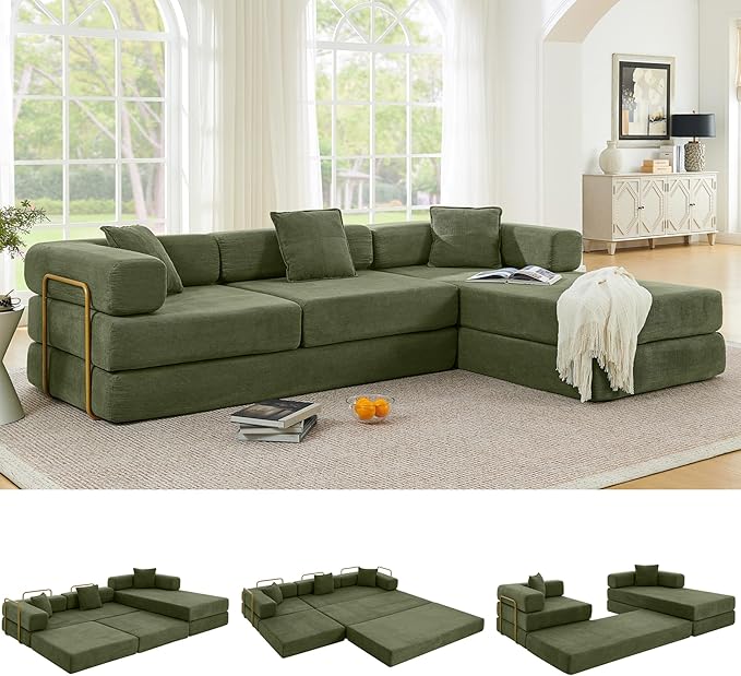 108" Oversized Convertible Sleeper Sofa Bed, Corduroy L Shape Sectional Couch, Folding Sofa Bed with Side Pocket, Modern Cloud Floor Mattress Couch, Modular Sofa for Living Room, Green-HomvellaHome