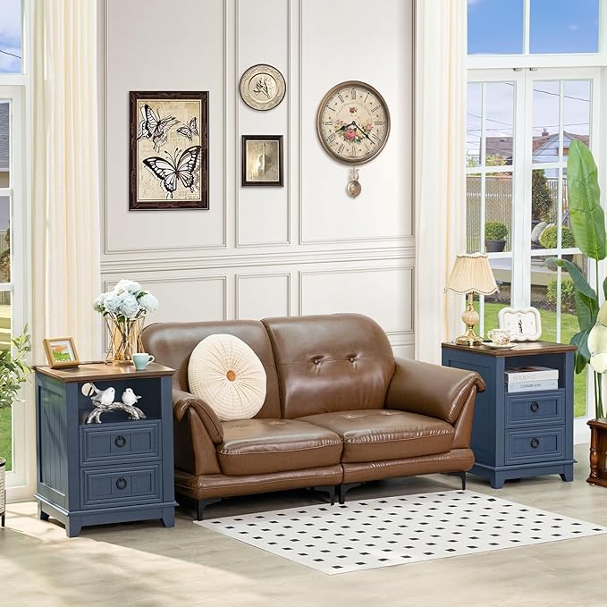 18" Farmhouse Night Stand with Charging Station, 2 Drawers End Table Dresser for Bedroom, Blue Wooden Nightstand, Bed Side Table with Open Shelf, Bedside Cabinet for Living Room, Closet-HomvellaHome