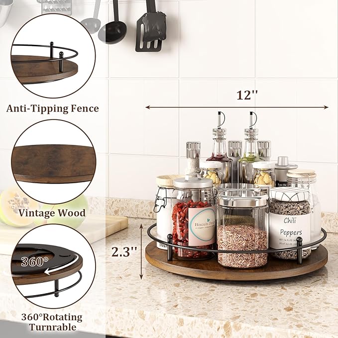 12" Lazy Susan Turntable Organizer,Round Wooden Lazy Susan Organization and Rotating Spice Rack for Dining Table,Pantry,Kitchen Countertop,Vanity,Cupboard and More.Vintage Wood(Round)-HomvellaHome