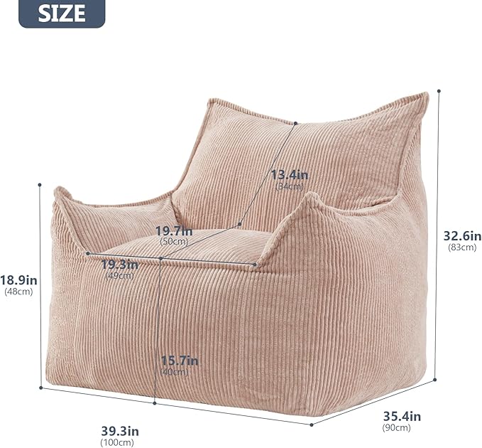 Giant Bean Bag Chair Sofa for Adults Teens, Comfy Corduroy Large Bean Bag Chairs with Armrests for Bedroom Living Room, Adult BeanBag Lazy Sofa Couch Chairs with Filler Included-HomvellaHome