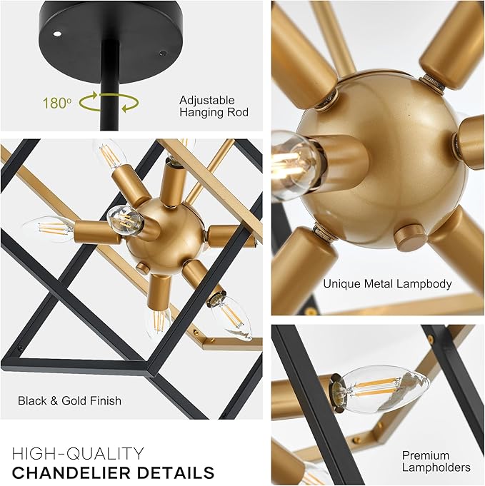 15.8'' Black Gold 8-Light Sputnik Chandelier Modern Industrial Adjustable Hanging Geometric Pendant Light Fixture for Entryway Foyer Stairway Hallway Bedroom Living Room Kitchen Island-HomvellaHome
