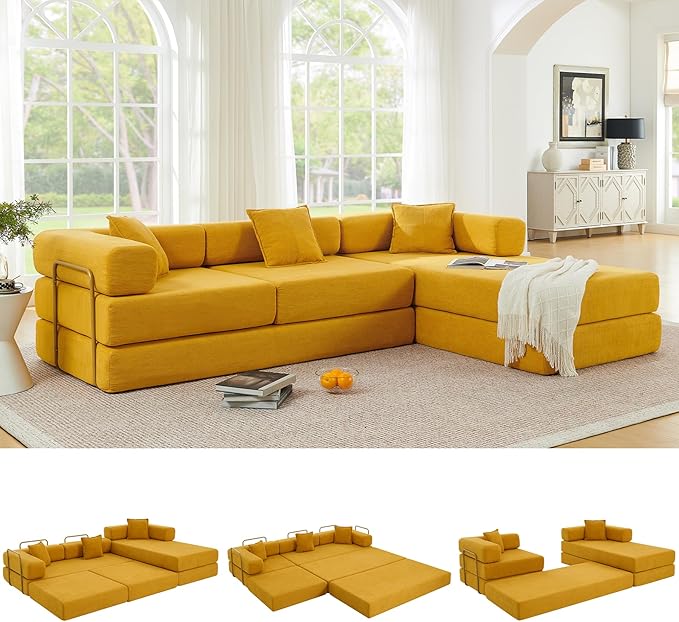 108" Oversized Convertible Sleeper Sofa Bed, Corduroy L Shape Sectional Couch, Folding Sofa Bed with Side Pocket, Modern Cloud Floor Mattress Couch, Modular Sofa for Living Room, Yellow-HomvellaHome
