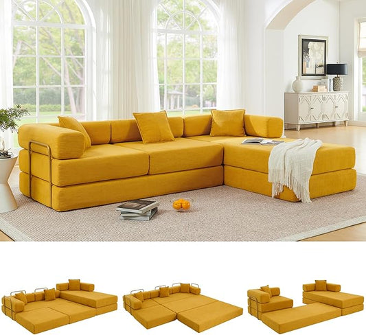 108" Oversized Convertible Sleeper Sofa Bed, Corduroy L Shape Sectional Couch, Folding Sofa Bed with Side Pocket, Modern Cloud Floor Mattress Couch, Modular Sofa for Living Room, Yellow-HomvellaHome