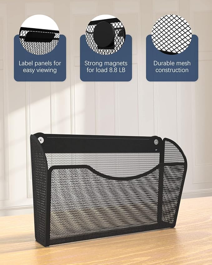 2 Pack 1-Tier Magnetic File Holder - No Drilling Installation File Organizer, Large Capacity Magnetic File Holder for Refrigerator, File Cabinets, Whiteboard, Office, Kitchen-HomvellaHome