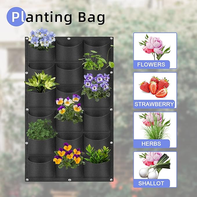 18 Pockets Hanging Planter Bags, Hanging Vertical Wall Mounted Plant Planting Grow Bags, Herb Garden Planter Outdoor Indoor Growing Bag, Gardening Vertical Greening Flower Container(1m×0.5m, Black)-HomvellaHome
