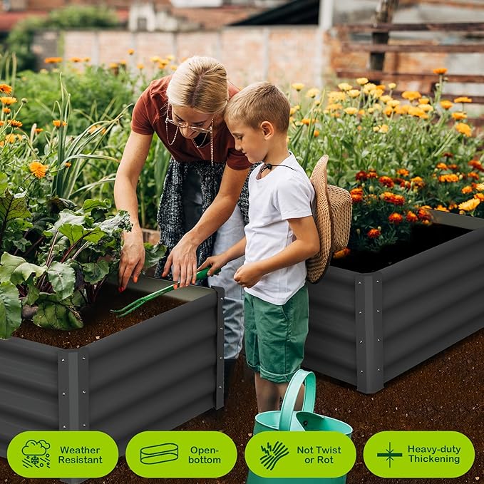 Galvanized Raised Garden Bed Outdoor, 2 Pcs 6x3x1FT Outdoor Large Planter Raised Beds Open Base with Safety Edge and Glove for Vegetables Flowers Ground Planter, Dark Gray-HomvellaHome