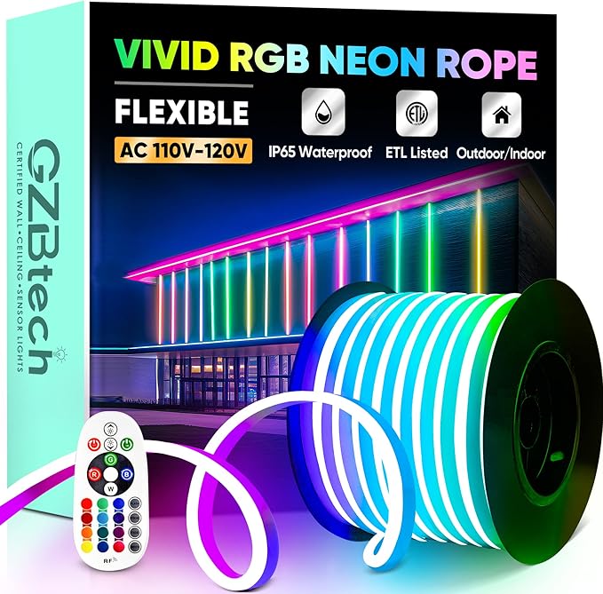 GZBtech RGB LED Neon Rope Lights 82FT/25M, AC 110-120V Waterproof Color Changing LED Rope with Remote Controller, Dimmable Multi Color Neon Rope Lighting for Indoor Outdoor Commercial Use-HomvellaHome