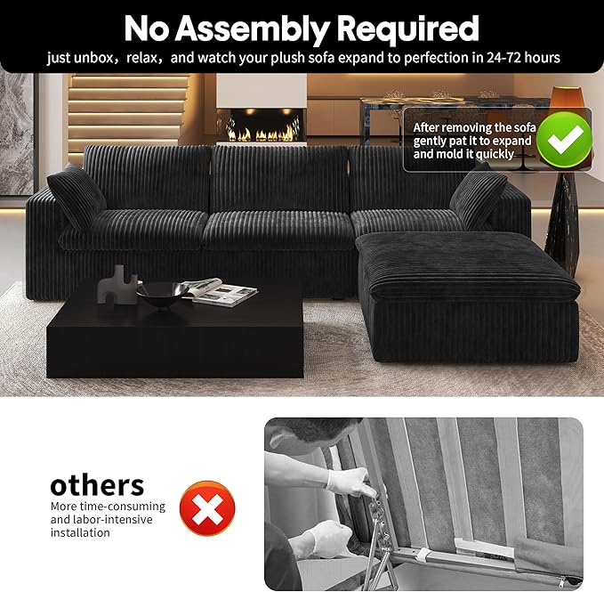 118" L Shaped Modern Sofa Modular Sectional Cloud Couch with Ottoman,Deep Seat Upholstered Couches with Plush Corduroy Fabric for Living Room Furniture,Bedroom and Apartment,No Assembly Required,Black-HomvellaHome