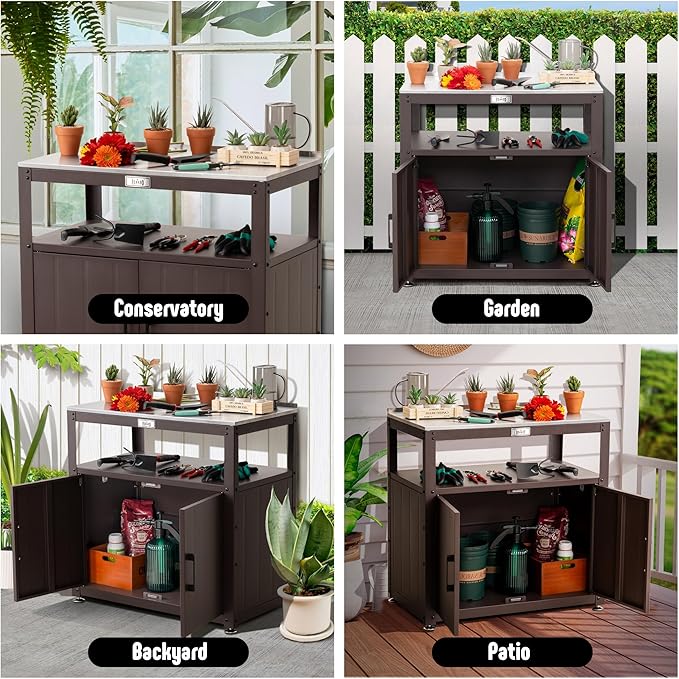 Garden Potting Bench with Storage Cabinet,Outdoor Gardening Table & Work Bench for Plants, Horticulture,Outdoor Workstation with Stainless Steel Tabletop,Outdoor Work Table-HomvellaHome