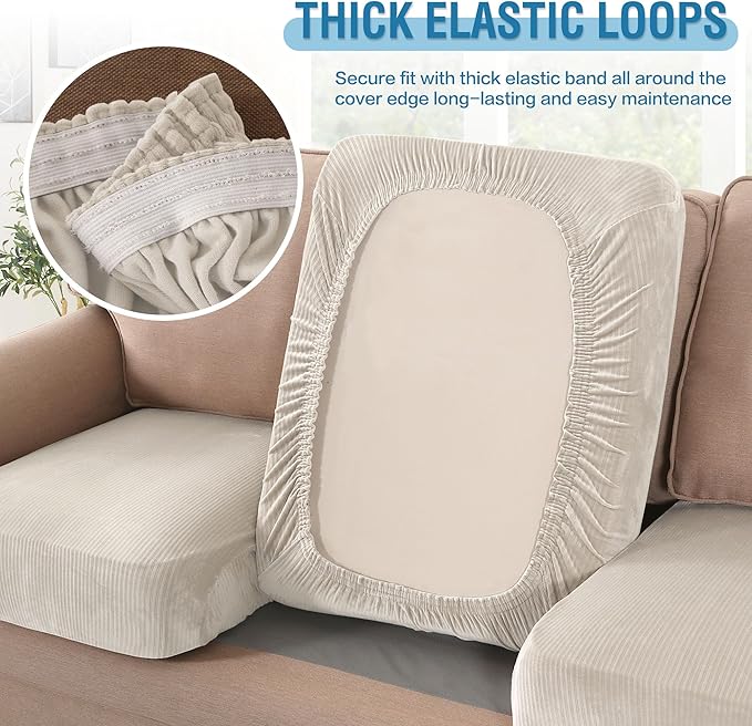 H.VERSAILTEX Velvet Stretch Couch Cushion Cover Plush Cushion Slipcover for Chair Cushion Furniture Protector Seat Cushion Sofa Cover (1 Piece Armchair Cushion Covers, Ivory Striped)-HomvellaHome
