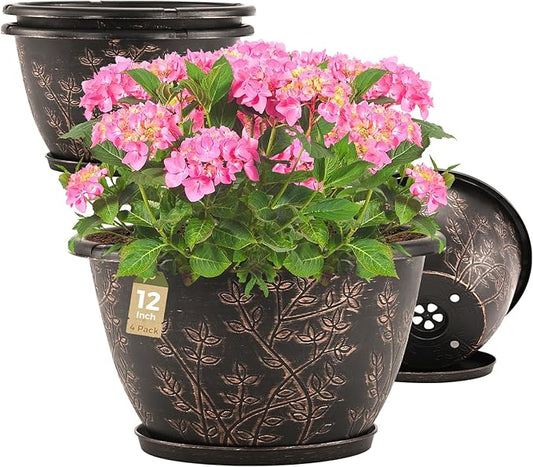 12-inch-Flower-Pots-Outdoor-Indoor, 4 Pack Plastic Planter Pots for Plant with Drainage Hole Saucer, Decorative Resin Garden Container with Tray-HomvellaHome