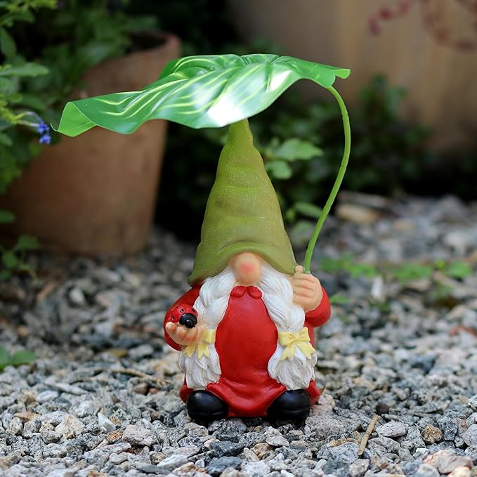 Garden Female Gnome Statue Decoration with Leaf Umbrella, 7.5” Figurine Ornament for Indoor Outdoor Home Patio Yard Lawn, for Gnome Lovers & Garden Enthusiasts，Mom，Women-HomvellaHome