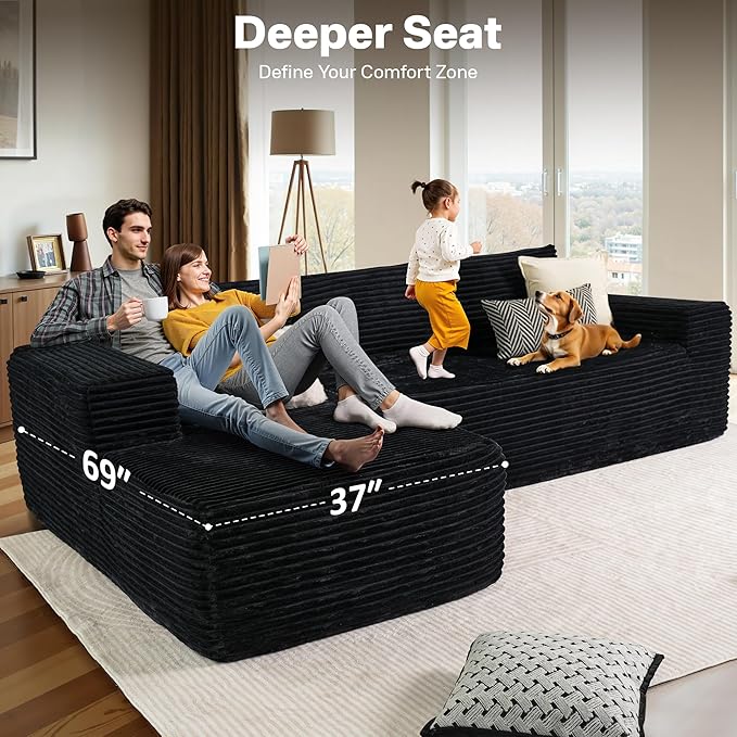 104" Cloudy Sectional L Shaped Couch for Living Room, No Assembly Required, Modular Comfy Sofa with Deep Seat, Fluffy Couch with Sleeper Chaise for Apartment Lounge (Black)-HomvellaHome