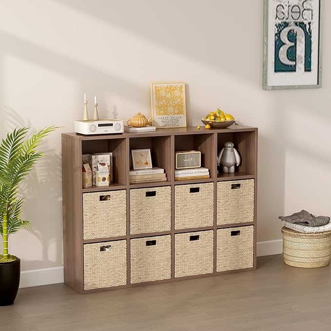 12-Cube Storage Shelf Bookcase - Wooden 3-Tier Floor Standing Open Bookshelf for Home and Office, Cuby Orgainzer, Walnut-HomvellaHome