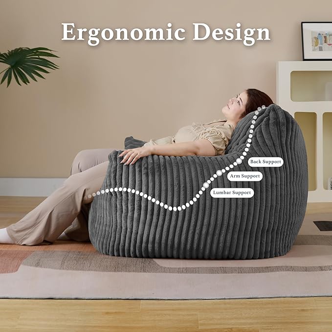 Giant Plush Bean Bag Chair for Adults with Armrests - Oversized Comfy Grey Beanbag Lounge Lazy Floor Sofa Accent Chair for Living Room, Bedroom & Dorm, Cozy Fluffy Single Cloud Mini Couch-HomvellaHome