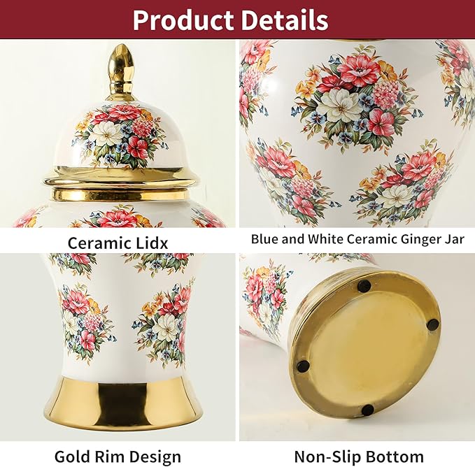 Ginger Jars for Home Decor, White Gold Ceramic Vase with Colorful Floral Pattern, Handmade Decorative Flower Vase with Lid for Home, Kitchen, Office, Table, Bookshelf, Mantle Fireplace,(12in)-HomvellaHome