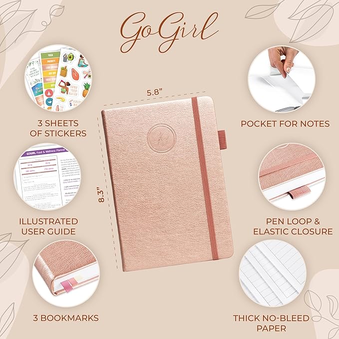 GoGirl Food Journal & Wellness Planner –– Diet & Fitness Diary – Nutrition Journal with Meal, Exercise & Weigh Loss Tracker, A5 (Rose Gold)-HomvellaHome
