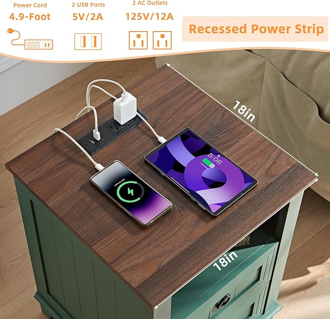 18" Farmhouse Night Stand with Charging Station, 2 Drawers Bedside End Table, Green Wooden Nightstand, Bed Side Table Cabinet with Open Shelf for Bedroom Living Room Office-HomvellaHome