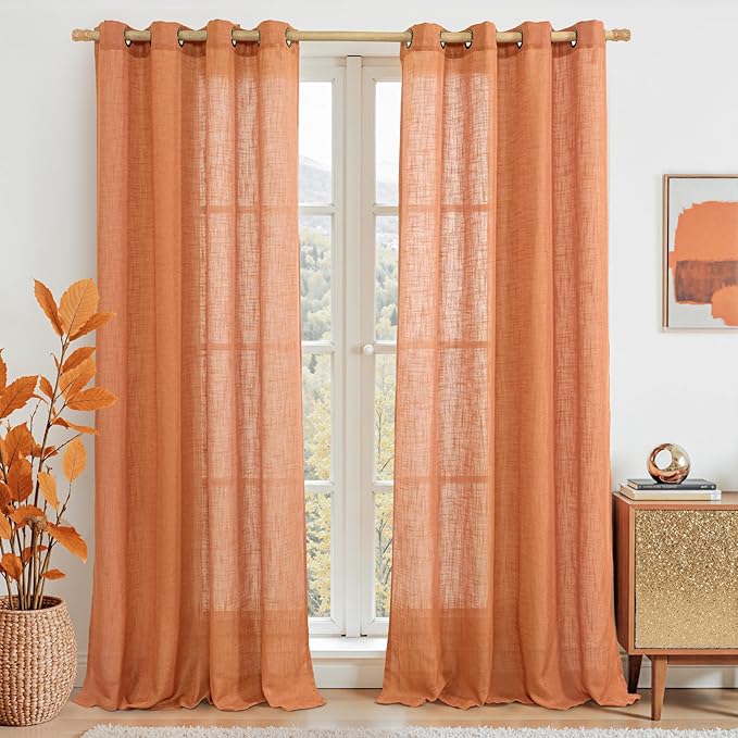 LAMIT Burnt Orange Linen Curtains 95 Inch Length 2 Panels, Linen Textured Light Filtering Drapes for Living Room/Bedroom Country Semi Sheer Window Treatments with Bronze Grommet, 52 x 95 Inch-HomvellaHome