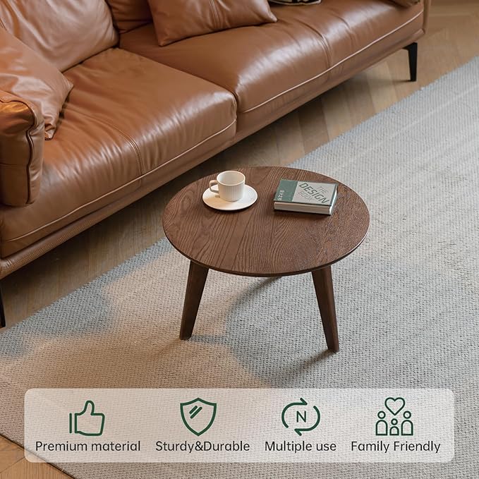 100% Solid Oak Wood Mini Coffee Table, Round Living Room Table Side Table w/Solid Wood Legs, Walnut Mid Century Sturdy Tables for Bedroom Balcony Living Room (23.62" D x 13.78" H)-HomvellaHome