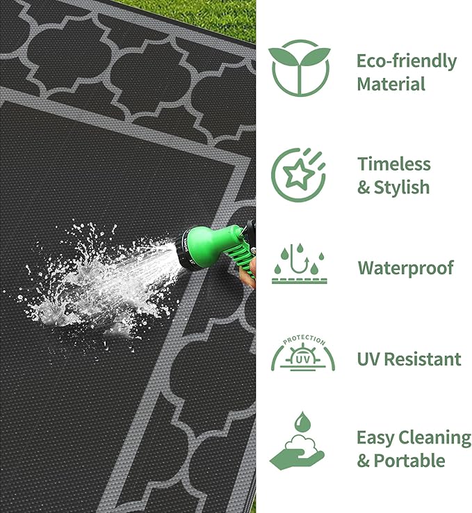 GENIMO 10 ' x 14 ' Outdoor Rug Waterproof for Patio Decor, Foldable Reversible Plastic Straw Area Rugs Mat for Camper, Outside Carpet for Rv, Deck, Porch, Picnic, Beach, Balcony, Black & Grey-HomvellaHome