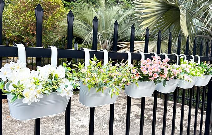 10" Hanging Flower Pots, Pack of 8 White Metal Outdoor Patio Balcony Planter, Railing Planters Fence Pot with Detachable Hook & Drainage Hole for Small Plants (White, 8Pcs)-HomvellaHome
