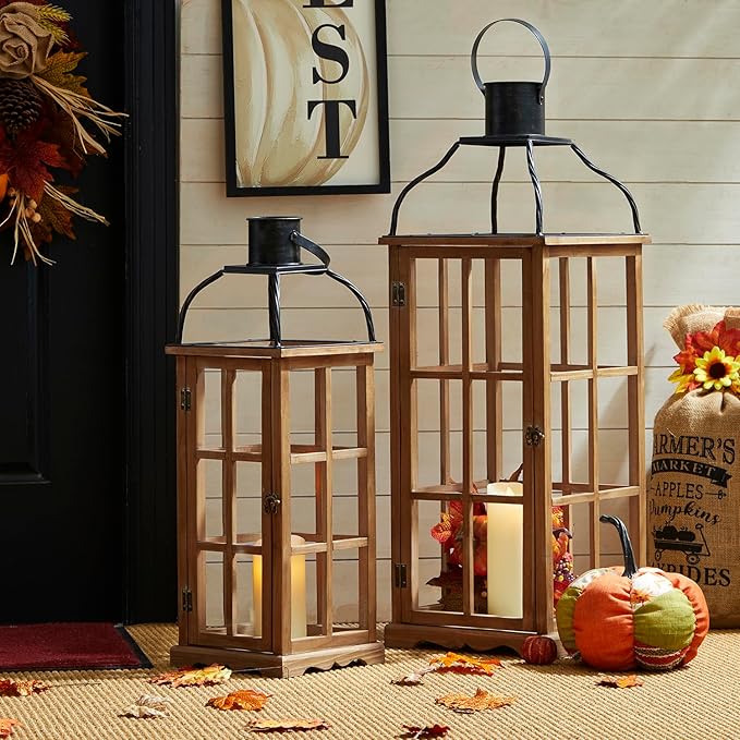 Glitzhome Set of 2 Oversized Farmhouse Wood Lanterns with Metal Top Decorative Hanging Candle Lanterns for Home Décor, Natural (No Glass)-HomvellaHome