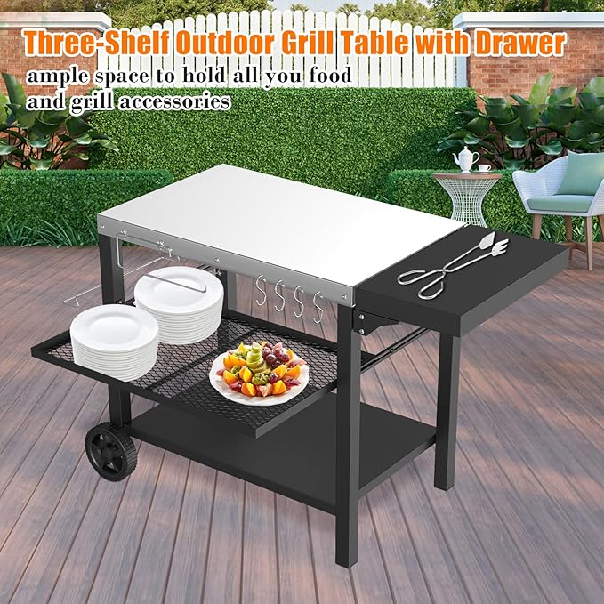 Grill Cart, Outdoor Grill Table, Pizza Oven Stand, Three-Shelf BBQ Table, Movable Dining Cart with Drawer, Fits for Ninja Woodfire Grill, Blackstone Griddle,Tabletop Grill-HomvellaHome