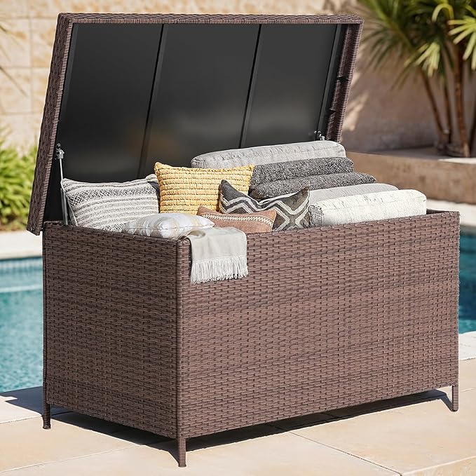 158 Gallon XL Deck Box with Lid, All Weather Wicker Outdoor Storage Box Waterproof, Large Outdoor Patio Storage Bin for Cushions, Garden Tools, Gears, Pool Accessories, Brown-HomvellaHome