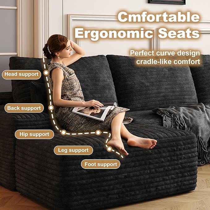 108" Sectional Couches for Living Room Modern Modular Sofa with L-Shape Couchs Upholstered Boneless Couch Deep Seat Sectional Couch with Chaise (Black, Right Facing Chaise+2Seaters+1Ottoman)-HomvellaHome