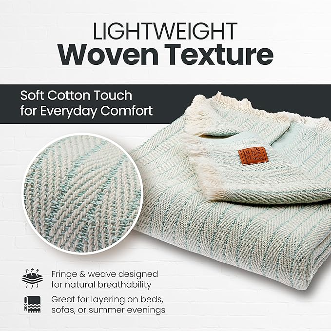 Gold Case Throw Blanket for Couch – 100% Recycled Turkish Cotton Blankets & Throws – Elegant Decorative Throw Blankets for Living Room Sofa – Woven Throws for Couch – Vintage Aqua– 50x60-HomvellaHome