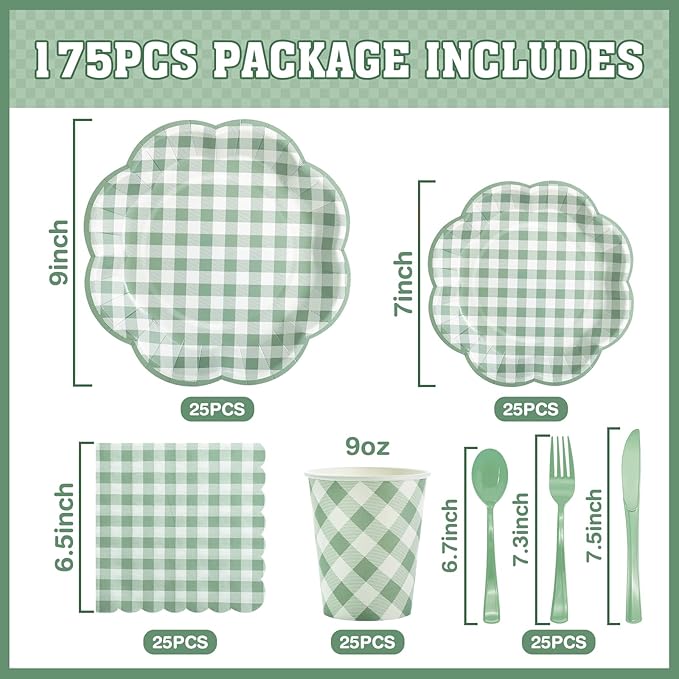 175 Pcs Sage Green Gingham Paper Plates and Napkins Party Supplies - Sage Green and White Checkered Plates Scalloped Plaid Plate for Birthday Dinner Picnic BBQ Party Decorations, Serve 25 Guests-HomvellaHome
