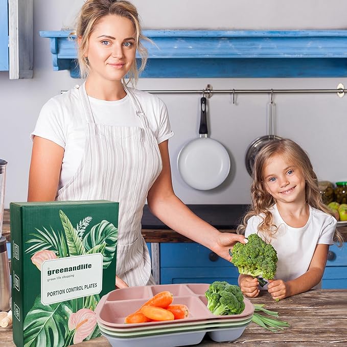 greenandlife 10.8 Inch 4PCS Divided Plates for Kids Adults, Portion Control Plates, Dishwasher & Microwave Safe Compartment Plate, Unbreakable Lightweight Reusable Wheat Straw Plates, INS-HomvellaHome