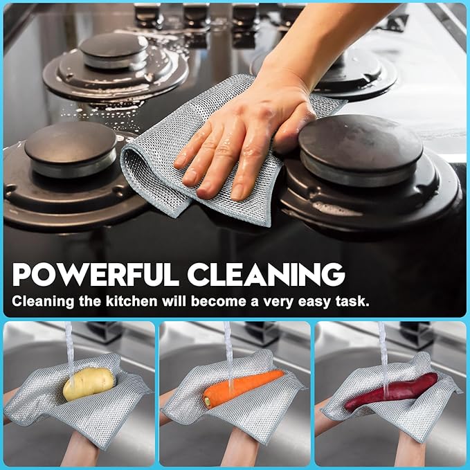 10 Pcs New Upgraded 3 Layers Non Scratch Wire Dishcloth, Multipurpose Wire Dishwashing Rags, Wet & Dry for Cookware, Sinks, Dishes, Stoves & Fireplaces 9.87“ x 9.87”-HomvellaHome