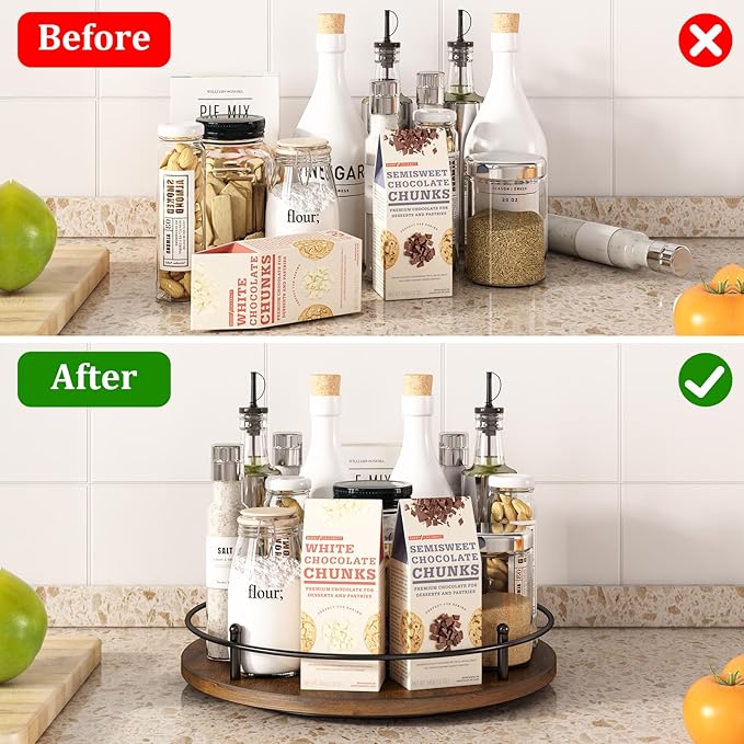 12" Lazy Susan Turntable Organizer,Round Wooden Lazy Susan Organization and Rotating Spice Rack for Dining Table,Pantry,Kitchen Countertop,Vanity,Cupboard and More.Vintage Wood(Round)-HomvellaHome