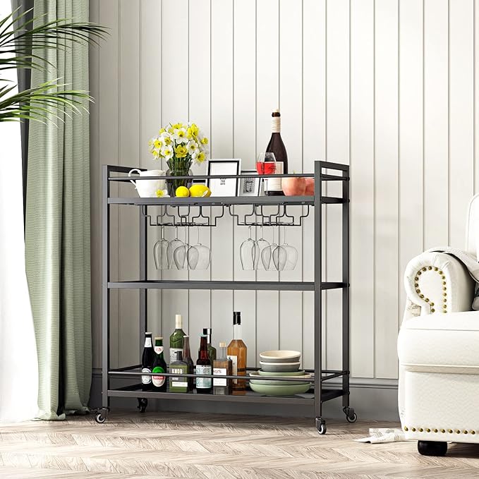 Glass Black Bar Carts for Home with Hanging Wine Rack - Home Bar Serving Cart with 3 Mirrored Shelves, Kitchen Bar Carts, Wine Cart for Entertaining, Club Party.-HomvellaHome