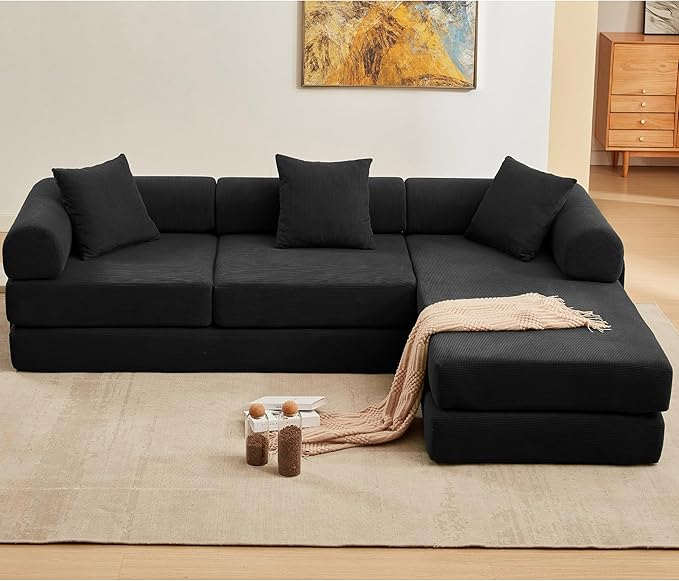 107" Oversized Convertible Sleeper Sofa Bed, Corduroy L Shape Sectional Couch, Folding Sofa Bed with Side Pocket, Modern Cloud Floor Mattress Couch, Modular Sofa for Living Room, Black-HomvellaHome